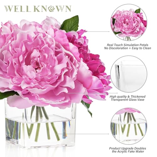 Artificial Peonies Flowers Arrangements in Cube Glass Vase, WELLKNOWN Silk Flower Centerpieces for Dining Room Table, Coffee Table Decor, Faux Peony Flowers with Faux Water (Bicolor Purple) - color: Bicolor Purple