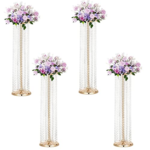 Set of 4 Luxurious Crystal Flower Stand Centerpieces on Floor Tall Metal Flower Arrangement Stand Tabletop Vase for Wedding Party Hotel Home Decor… - color: Gold, size: 35.4"×4pcs