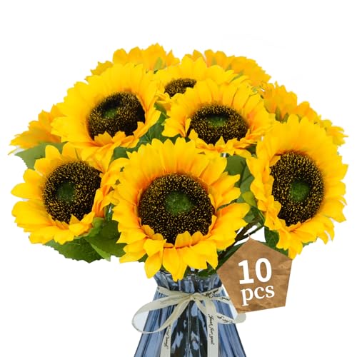 10 Pcs Artificial Sunflowers, Sunflowers Artificial Flowers with Stems, Faux Silk Huge Fake Flower Bouquet for Vase Decor Wedding Table Home Porch Indoor Outdoor Cemetery Decoration (Yellow, 4-Inch) - size: 4-Inch