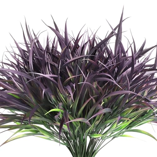 Ouddy Decor 16 Bundles Artificial Plants Outdoor Fake Grass Greenery Stems UV Resistant Faux Plastic Plants Shrubs for Spring Summer Garden Pathway Window Box Farmhouse Front Porch Home Decor, Purple - color: Purple