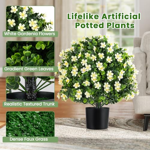 Goplus 21.5'' Artificial Boxwood Topiary Ball Tree, Set of 2 Faux Potted Plants Artificial Shrubs Bushes with White Flowers, Fake Evergreen Artificial Topiary for Indoor Outdoor Home Front Porch Decor - color: White