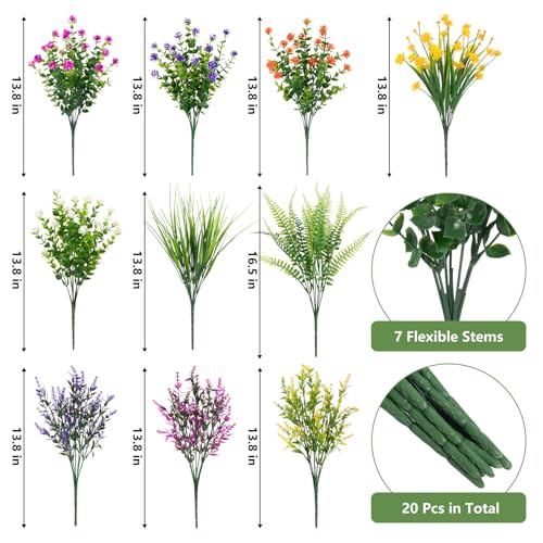 Bassion 20 Bundles Artificial Flowers for Outdoors, UV Resistant Faux Plants Outdoor Indoor Fake Flowers Plastic Greenery Shrubs Eucalyptus Stems for Garden Fence Patio Window Box Porch Pot Decor - color: Mix