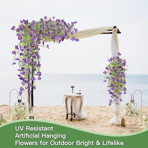 Artificial Flowers for Outdoors Fake Morning Glory Hanging Flower Decoration, 2 Pcs Realistic Faux Plants Petunias Trailing Vines, Spring Summer Decor for Porch Patio Balcony Planter Yard(Purple) - color: Purple, size: 2 Pcs