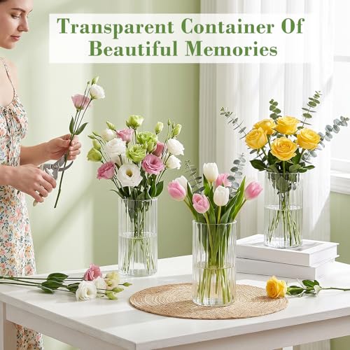 12 pcs Ribbed Glass Cylinder Vases for Centerpieces,6 inch Clear Glass Candle Cylinders, Flower Vase & Floating Candle Holder, Wedding Decorations, Dining Table & Home Décor Gift - size: Ribbed-12PCS