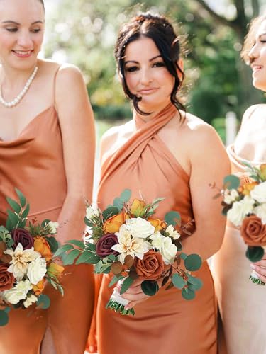Rinlong Terracotta Bridesmaid Bouquet, Fall Wedding Bouquets | Burnt Orange Silk Bridal Bouquet, Prom, Homecoming, Destination Friendly - color: 01-terracotta & Green