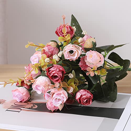 Duovlo 7 Branch 21 Mini Rose Heads Artificial Flowers Bouquet Wedding Home Office Decor,Pack of 2 (2 PCS Pink) - color: 2 Pcs Pink