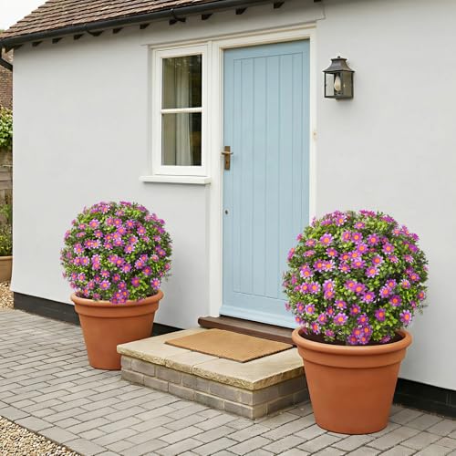 24" Artificial Purple Daisy Topiary Ball Trees with Dense Blooms, Set of 2 Fake Plants with Ground Spike, UV Resistant Faux Evergreen Shrubs for Outdoor Spring Garden Front Porch Decor - color: Purple Daisy
