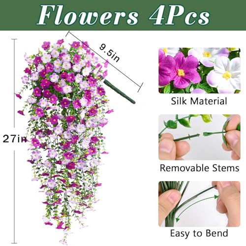 Waipfaru 4 Pcs Artificial Hanging Flowers for Outdoors, Fake Hanging Plants for Outdoor, UV Resistant Silk Faux Violet Flowers Spring Summer Decor for Planter Porch Patio Indoor Decoration, Fuchsia - color: Fuchsia