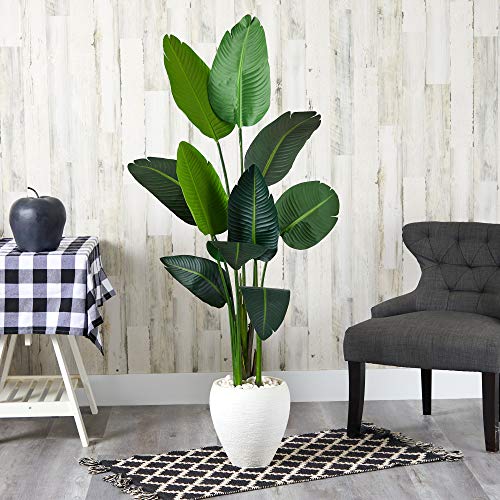 Nearly Natural 63in. Travelers Palm Artificial Tree in White Planter