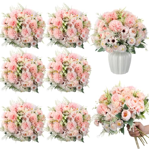 Tigeen 6 Bundles Artificial Bouquet Flowers Artificial Peonies Faux Roses Silk Flowers Hydrangea Bouquet for Wedding Table Centerpiece Floral Vase Decor (Pink) - color: Pink