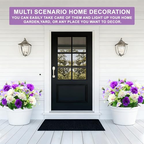 44 Heads Artificial Flowers for Outdoors, 4 Bunches 17 Inch Dahlia Daisies Mum Fake Plants UV Resistant Faux Flowers Bouquet Cemetery Flowers for Grave Outside Indoor Home Spring Summer Decor (Purple) - color: Purple
