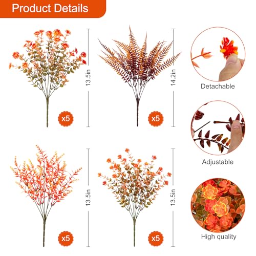 20 Bundles Artificial Fall Flowers for Outdoor Decoration, Fake Mums Faux Plastic Flowers Plants UV Resistant Boston Fern for Planters Window Box Porch Garden Patio Autumn Home Decor - color: Orange Red