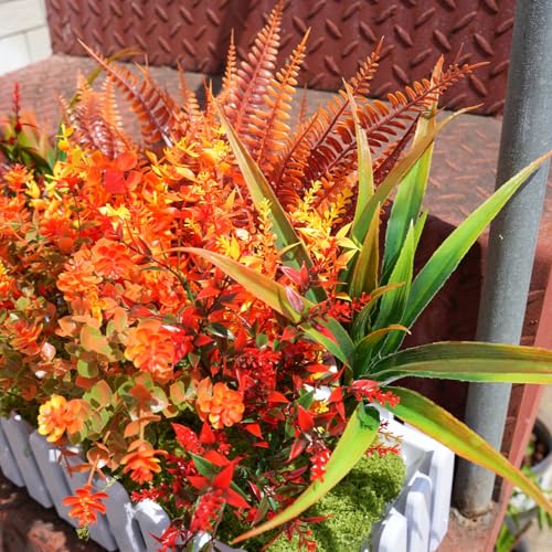 Artificial Fall Plants, 10 Bundles Faux Plants Autumn Indoor Outdoor Decoration Fake Plastic Mix Artificial Plant Flowers for Home Thanksgiving Christmas Wedding Party Porch Patio Garden Decor