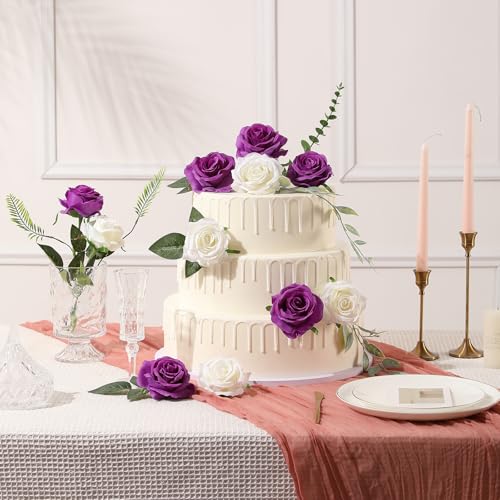 Tifuly Purple Roses Artificial Flowers - 12 pcs Realistic Single Long Stem Fake Silk Roses Bouquet for Party Home Wedding Centerpiece Office DIY Decor - color: Purple