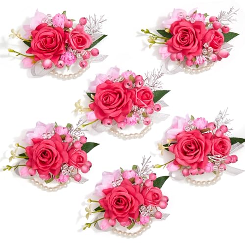Serwalin 6 PCS Hot Pink Wrist Corsage for Wedding, Corsages Wristlet for Bride Bridesmaid Mother Grandmother Girl, Artificial Flowers for Prom Ceremony Homecoming Anniversary - color: Hot Pink, size: Corsage 6pcs