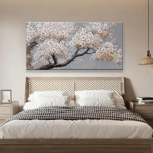 Canvas Wall Art Decor White Flowers On Tree Artwork Wall Decor Living Room Canvas Prints Modern Wall Art For Office Kitchen Canvas Prints Decor 24x48 Inch - color: White Brown, size: 48"L x 24"W