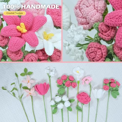 Crochet Flowers Bouquet,Handmade Luxurious Knitted Rose Tulips,Artificial Flower Bouquet for Her, Wife,Lover ,Girlfriend ,Mother, Anniversary,Graduation,Friends,Valentines Day (with Gift Bag&Card) - color: Rose&pink, size: X-Large