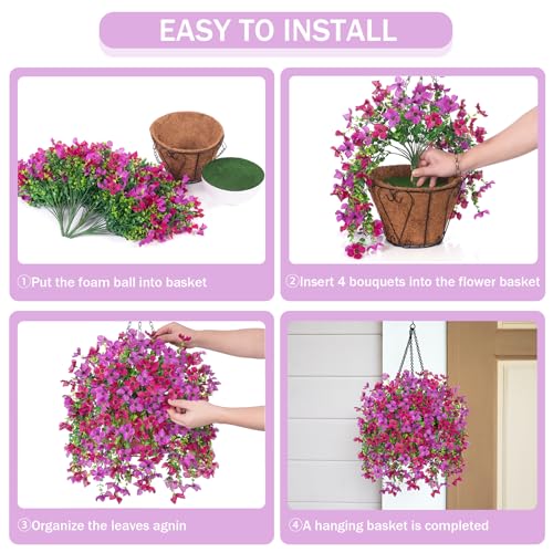 INXUGAO Artificial Hanging Flowers Plants with Basket for Outdoors, Realistic Faux Silk Daisy Flower Eucalyptus for Spring Decor, UV Resistant Fake Plants for Porch Patio Yard Balcony, Purple Violet - color: A-purple Red Violet