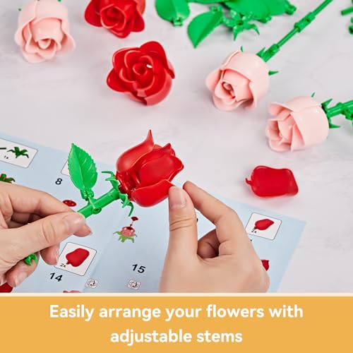Rose Flower Bouquet Building Set: Artificial Flowers Botanical Collection Blocks Kit for Women Girls Wife Adults Home Decor Thanksgiving Christmas Mother's Day Valentine's Gifts 6-Pack - color: 3 Red & 3 Pink
