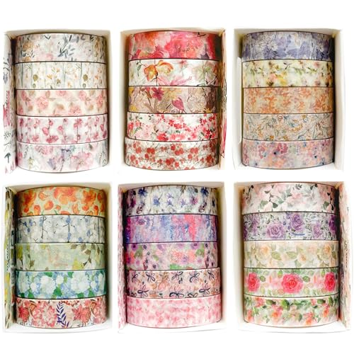 Flowers Washi Tape Set 30 Rolls Floral Patterns Decorative Skinny Slim Masking Tapes for Arts, DIY Crafts, Journals, Planners, Scrapbook, Wrapping (Blossoms Flourish) - color: Blossoms Flourish