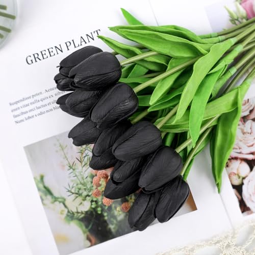 Beferr Black Tulips Artificial Flowers 18pcs Faux Tulip Real Touch Fake Flowers Bouquets for Halloween Easter Gifts Home Party Wedding Table Decorations - color: O-18pcs-1colors-black, size: 18PCS