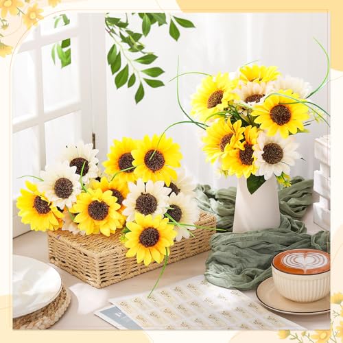 Giegxin 4 Bundles Fathers Day Sunflower Cemetery Flowers for Grave Vase Artificial Memorial Flower Bouquet Fake Silk Floral Arrangement for Dad Headstone Gravesite (Sunflower)