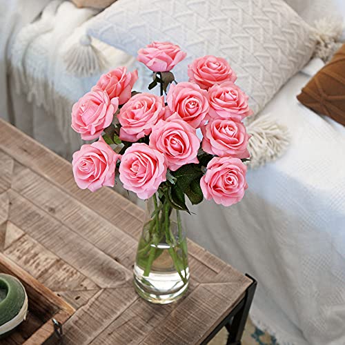 FiveSeasonStuff Fake Roses Wedding Flowers Real Touch Silk Pink Artificial Flowers 12 Stems - color: Pink