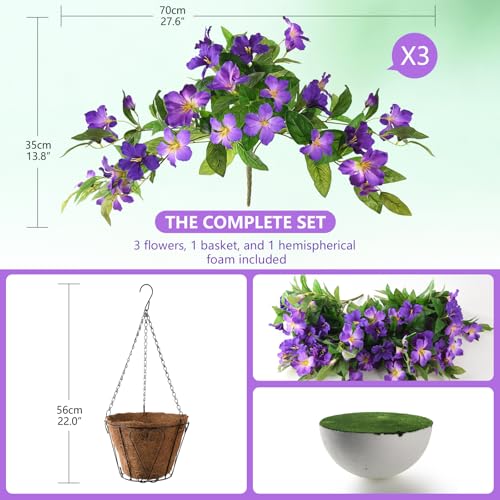 Homsunny Artficial Fake Hanging Flowers Plants with Baskets, 3PCS Silk Faux Outdoor Flowers UV Resistant Real Touch Plastic Flowers for Spring Garden and Home Patio Yard Decor (Double Purple) - color: Deep Purple+ Light Purple With Basket