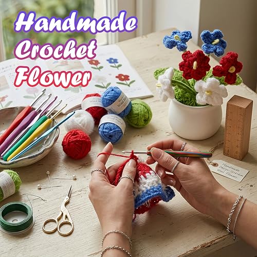 Crochet Flowers for Memorial Day Decorations American 4th of July Patriotic Decor Home Room Dorm Office Desk Accessories Red White Blue Flower Gifts for Independence Day Party - color: Red,white,blue