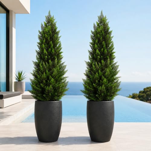 Artificial Topiary Cedar Trees 4FT Tall 2 Set, Outdoor Indoor Faux Pine Shrubs Plants, Realistic Fake Plants Front Porch Decor, Artificial Bushes Cypress for Home Front Door Offices - color: 2*pine Tree 4ft