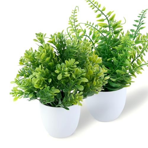 GREENTIME 2 Pack Small Fake Potted Plants for Home Decor Faux Eucalyptus Plant in White Pot Artificial Mini Fern Greenery for Bathroom Shelf Indoor Office Desk Living Room Kitchen Decorations - color: White-2