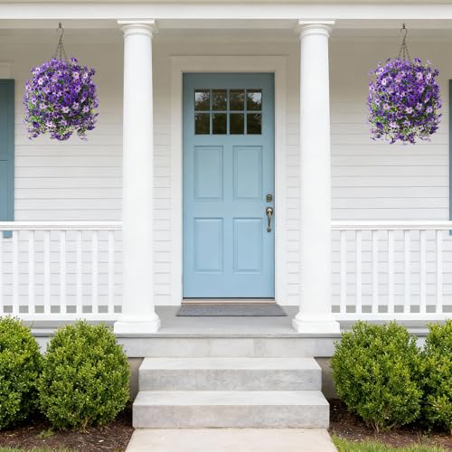 Artificial Hanging Baskets Outdoor, 4 Bundles Artificial Hanging Flowers Outdoors Spring Summer Decoration, No Fade Realistic Fake Hanging Baskets for Porch Patio Balcony Home Yard Decor - color: Purple Gradient Purple