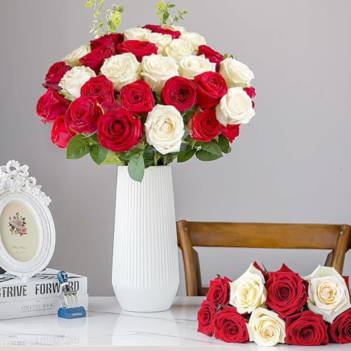 20PCS Artificial Roses with Long Stems - Realistic Silk Flowers, Fake Roses Real Touch Bouquet of Roses for Mother's Day, Home Decor, Bridal Wedding Party, Bulk Faux Rose Flowers (White Red) - color: White&red, size: 20 PCS