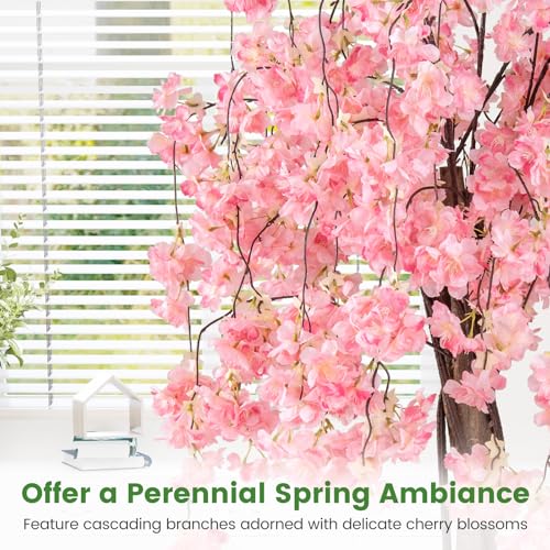 Goplus 5.5FT Artificial Cherry Blossom Tree, 2 Pack Pink Fake Flower Tree, Faux Floral Plant Blooming Tree in Nursery Pot, Tall Potted Artificial Tree for Indoor Home Office Porch Decoration - color: Pink, size: 2 Pack