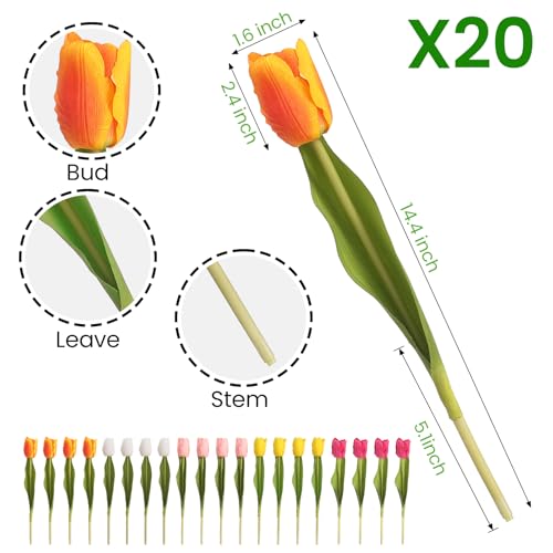 Artificial Tulips - 20 Stems Real Touch Realistic Fake Tulip Flowers, Premium Silk Feel, UV-Resistant, Anti-Fade, Waterproof Lifelike Faux Tulips for Home Decor, Wedding, Party, DIY (Mix) - color: Mix