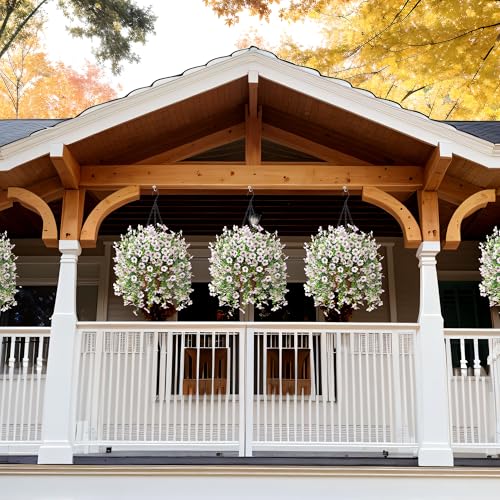 Artificial Fake Hanging Flowers Plants with Basket Spring Outdoor Decor,Faux Silk Flowers with Eucalyptus in Planter No Fade Flower in Basket for Farmhouse Home Garden Porch Patio Balcony(White) - color: White