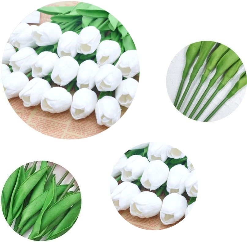PU Real Touch Tulips Artificial Flowers 30Pcs Fake Flowers Arrangement Bouquet for Home Office Wedding Decoration (White) - color: White 30pcs