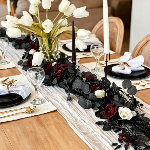 CQURE 2Pack Eucalyptus Garland,Artificial Eucalyptus Leaves Flowers Table Greenery Garland Wreath Vines for Wedding Party Fireplace Bedroom Room Decor - size: 17.7 Ft with Flowers-Black