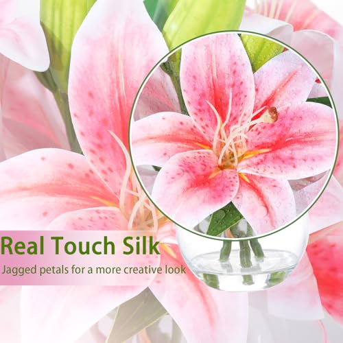 Rose Red Lilies Flowers with Fake Water Artificial Lilies Fake Flowers in Vase for Home Decor Centerpieces for Tables Gifts for Mom - color: B-lily-rose Red