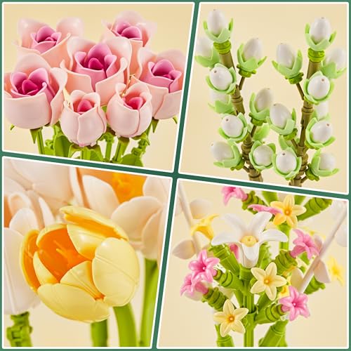 Tulip Rose Flowers Building Sets, Gift for Mothers Day, Flower Bouquet Compatible with Lego Flowers Botanical Collection for Adults Women Girl Girlfriend Birthday Valentine Day Home Office Decor