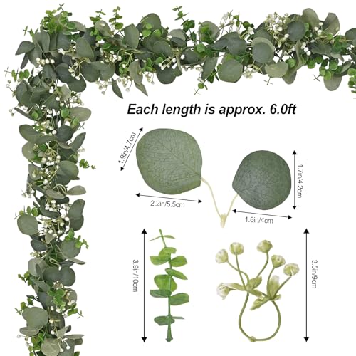 Dolicer 6 Packs 6FT Artificial Eucalyptus Garland, Faux Greenery Garland Fake Vines Hanging Silver Dollar Eucalyptus Leaves for Wedding Backdrop Arch Table Wall Party Home Decor - color: Grey Green With White Seed, size: 6 Packs