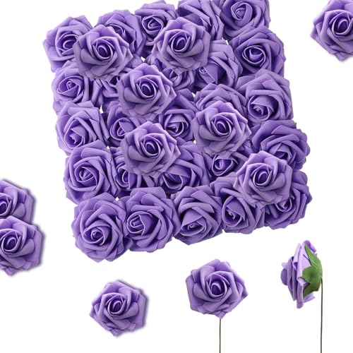 25Pcs Roses Artificial Flowers, Lavender Fake Roses for Decorations Floral Arrangement, Purple Foam Fake Flowers with Stem for DIY Wedding Bouquet Bridal Shower Mothers Day Party Home Decor - color: Purple
