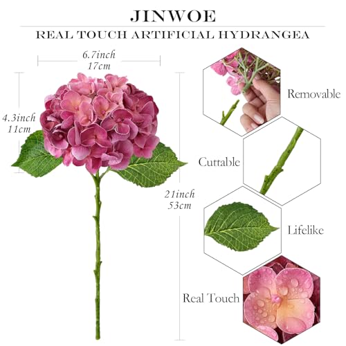 JINWOE Magenta Pink Hydrangea Artificial Flowers, 4Pcs 21” Latex Real Touch Flowers, Full Faux Silk Flowers Fake Artificial Hydrangeas with Stems for Bouquet Table Centerpieces Wedding Baby Showers - color: Magenta