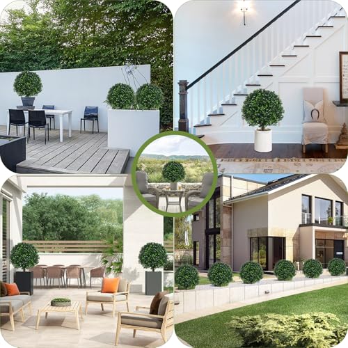 2PCS Faux Boxwood Plants Outdoor Artificial Topiary Ball Trees | Fake Bush & Shrub Greenery / UV Resistant / No Fade / Sturdy Build / No Maintenance / with Spike / Front Porch Decor - color: Boxwood