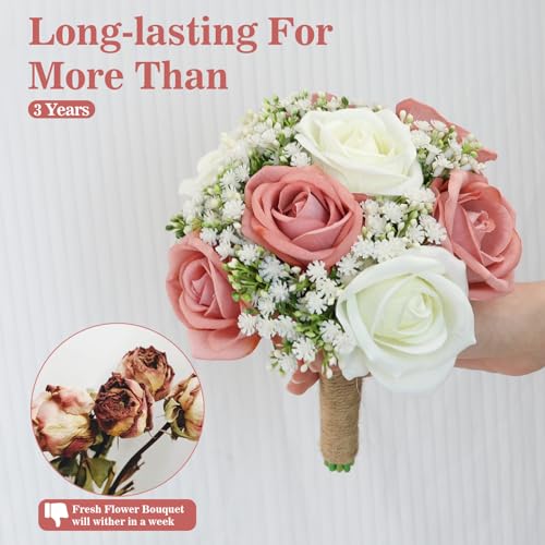 Artificial Bridesmaid Bouquets Set of 4 for Wedding-7 inch Pink Flowers Bouquets for Bridesmaids, Faux Rose Gypsophila Rustic Small Floral Bouquet Fake Boho Wedding Party Ceremony Anniversary Decor - color: Dusty Pink, size: Set of 4 Bridesmaid Bouquets