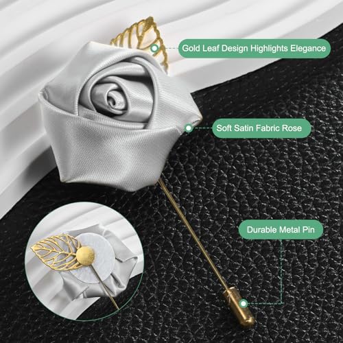 M METERXITY 1-Pack Flower Lapel Pins for Men, Golden Leaf Rose Boutonnieres Pin Groom Boutonnieres for Wedding/Dance/Party, Men Lapel Pins for Suits Satin Flower Corsage [Silver Gray] - color: Silver Gray