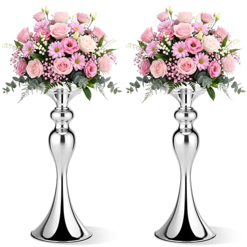 Sadnyy 2 Pcs Sliver Metal Flower Arrangements Stand Tall Wedding Centerpiece Stand Table Decor Flower Vase for Wedding Reception Event Party Dinner Home Decor(12.6 Inch) - size: 12.6 Inch