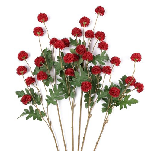mizii 6Pcs Red Fake Silk Pompon Mum Artificial Flowers Bulk Small Faux Chrysanthemums with Stems Realistic Floral Decorations for Wedding DIY Bouquet Centerpieces Shower Vase Home Decor (Red) - color: Red