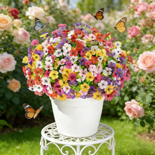 12 Bundles Artificial Flowers for Outdoor UV Resistant and Realistic, Faux Daisy Fake Flowers with Eucalyptus Leaves for Porch, Patio, Planter, Window Box, Home, Garden Decor - color: Red Yellow White Purple