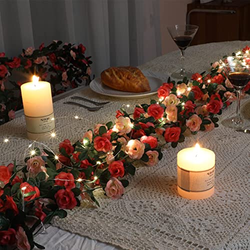 MARTINE MALL Rose Vines with 99 Ft/300 LED String Lights, Floral Garland for Bedroom, Wedding Decor - color: Pink With Lights, size: 12 Packs